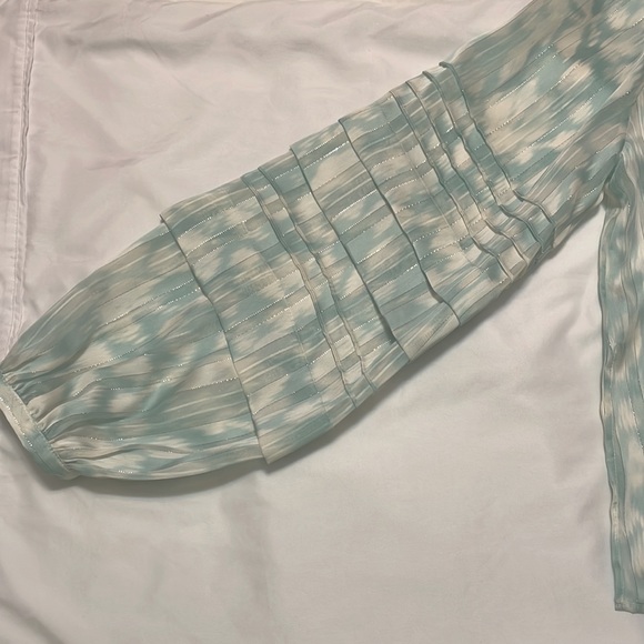 BCBG MaxAzria Semi-sheer blouse. Aqua & white with fine metallic stripes. - Picture 4 of 4
